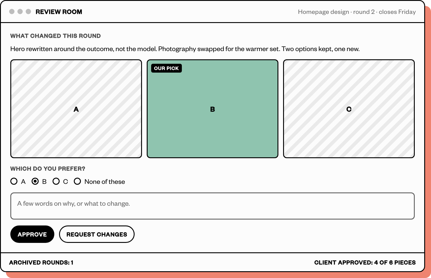 The review room: options side by side with our pick marked, a preference vote, and approve or request-changes buttons